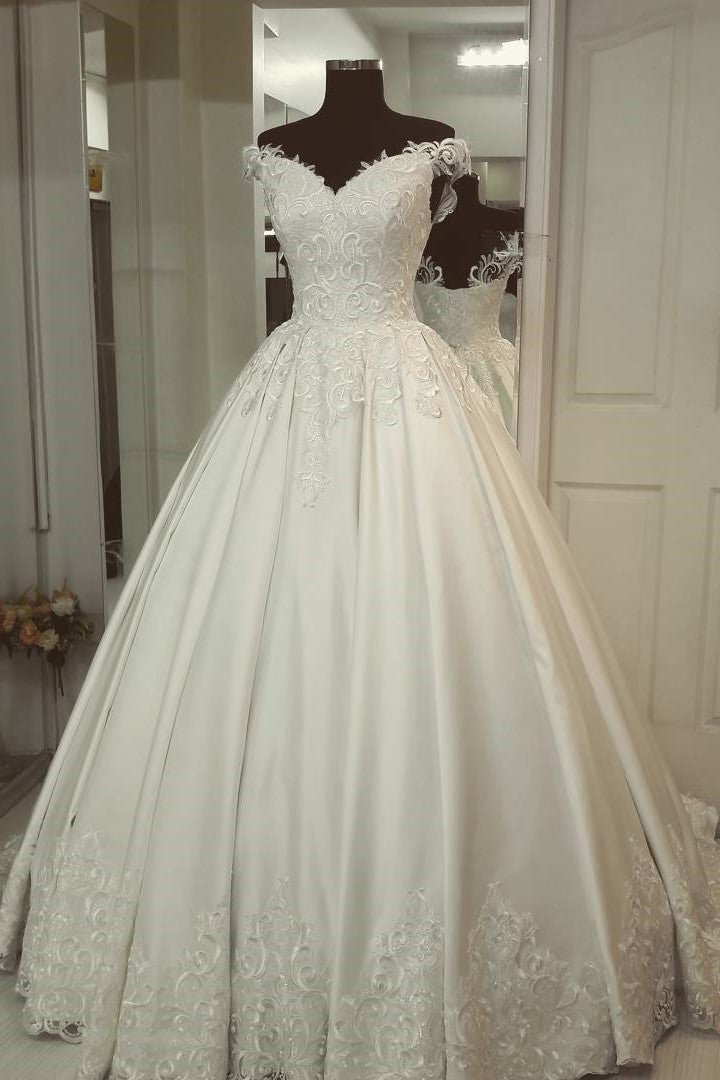 Jenesis | A - Line Off - the - Shoulder Ivory Wedding Gown with Appliques - KissProm