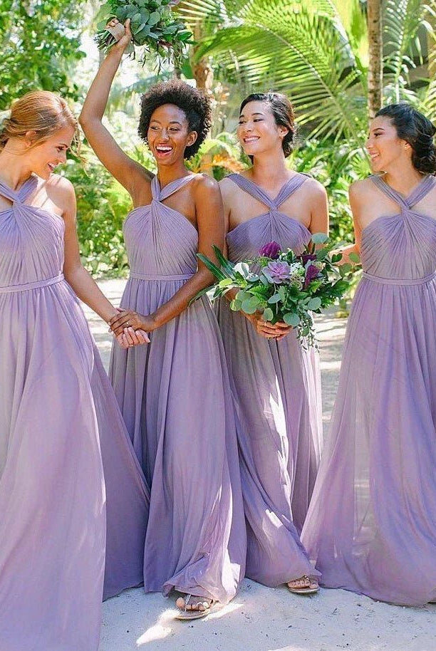 A Line Lavender Chiffon Pleats Long Bridesmaid Dresses - KissProm