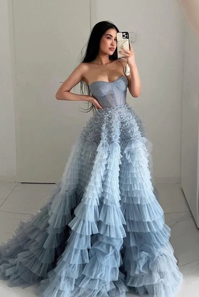Kaia |A Line Sweetheart Tiered Ruffled Tulle Long Prom Dress