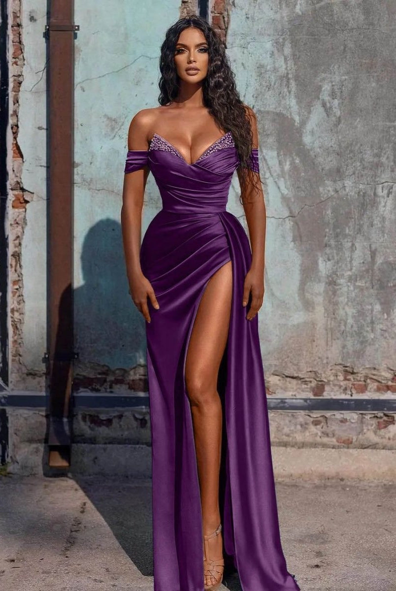 KissProm-Adelaide Purple Mermaid Satin Long Prom Dress With Slit