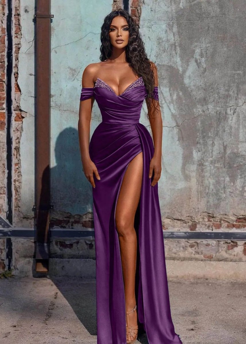 KissProm-Adelaide Purple Mermaid Satin Long Prom Dress With Slit