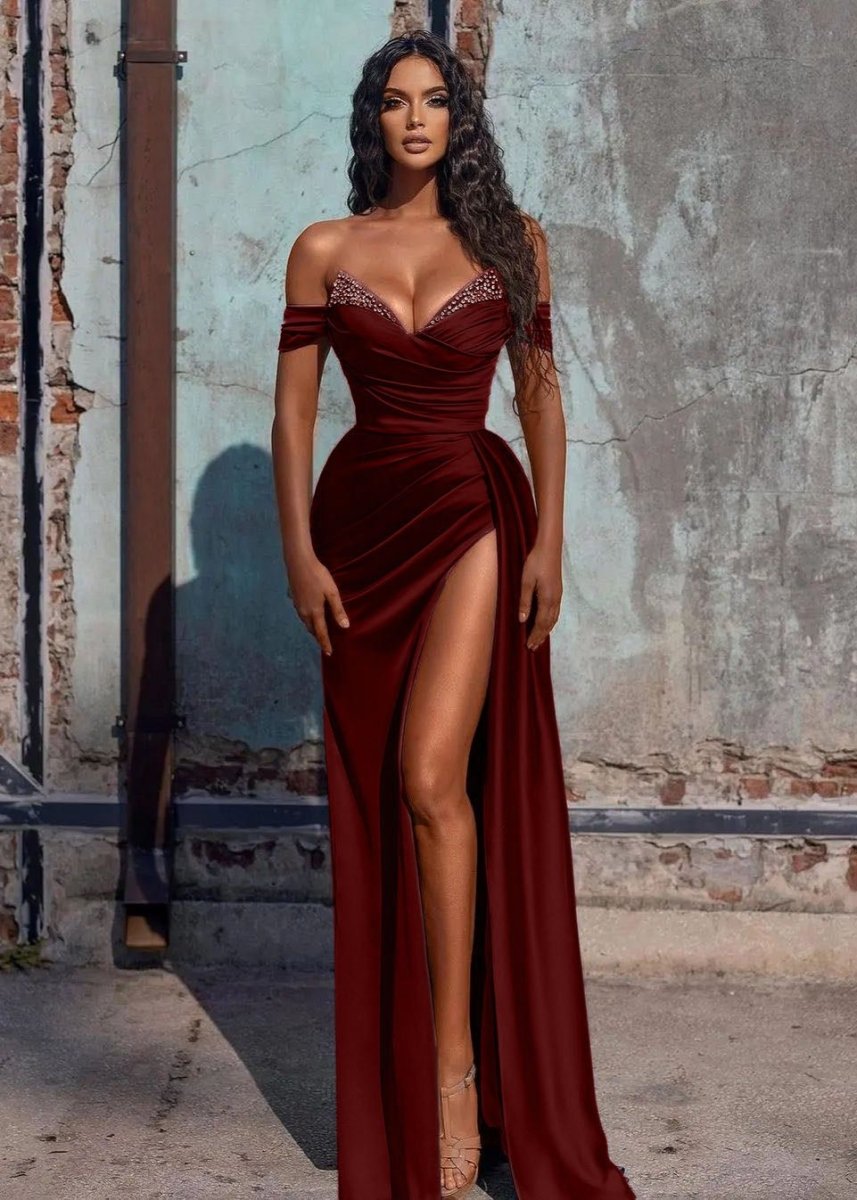 KissProm-Adelaide Burgundy Mermaid Satin Long Prom Dress With Slit