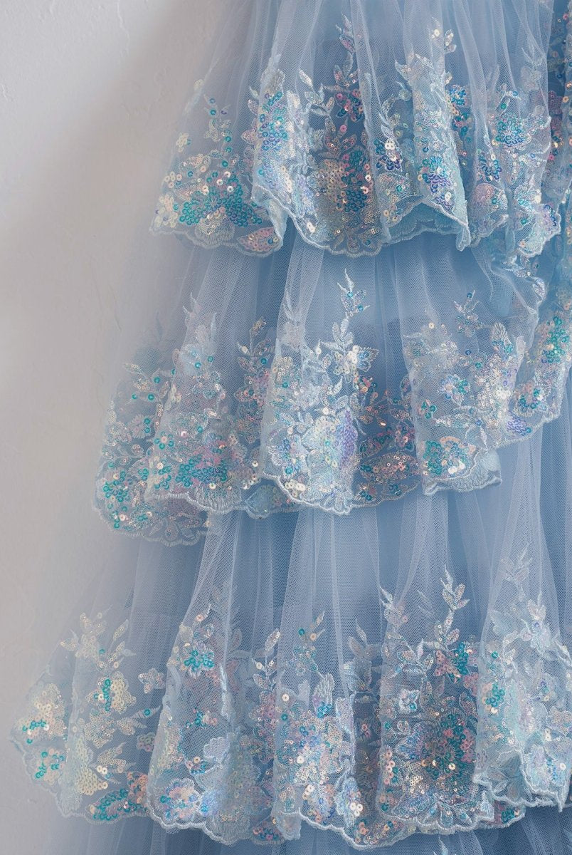 Capri | Blue Crystal Sequins Princess A Line Off the Shoulder Prom Dress with Lace Ruffles - KissProm