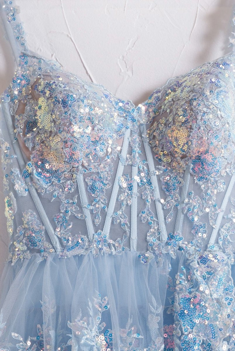 Capri | Blue Crystal Sequins Princess A Line Off the Shoulder Prom Dress with Lace Ruffles - KissProm