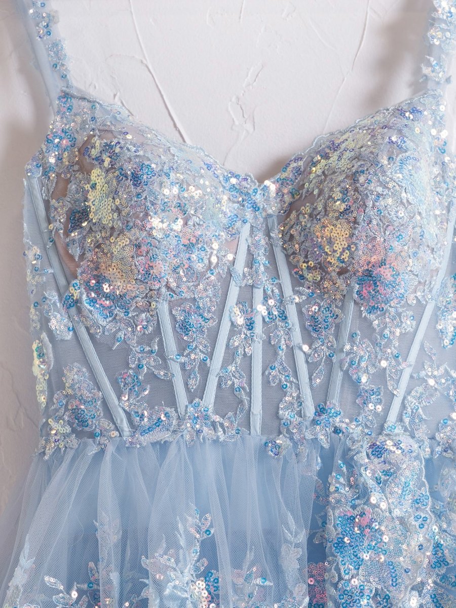 Capri | Blue Crystal Sequins Princess A Line Off the Shoulder Prom Dress with Lace Ruffles - KissProm