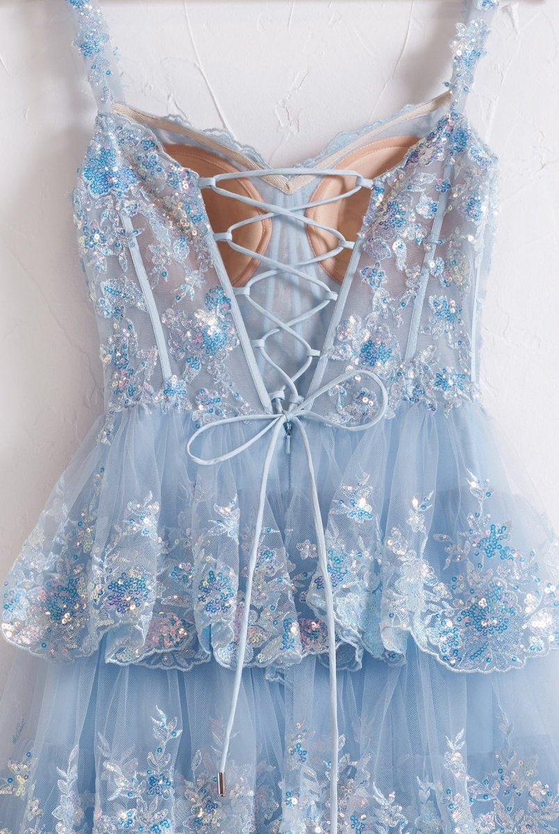 Capri | Blue Crystal Sequins Princess A Line Off the Shoulder Prom Dress with Lace Ruffles - KissProm