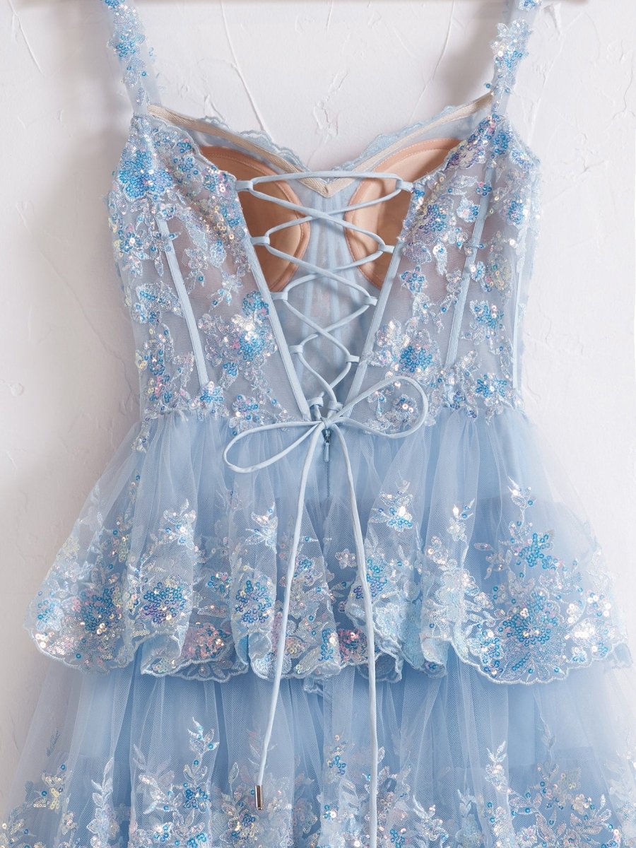 Capri | Blue Crystal Sequins Princess A Line Off the Shoulder Prom Dress with Lace Ruffles - KissProm