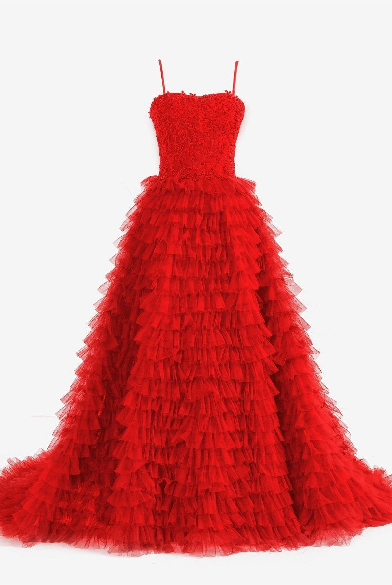 Jordan | Red A - Line Tiered Sequins Tulle Long Prom Dress - KissProm