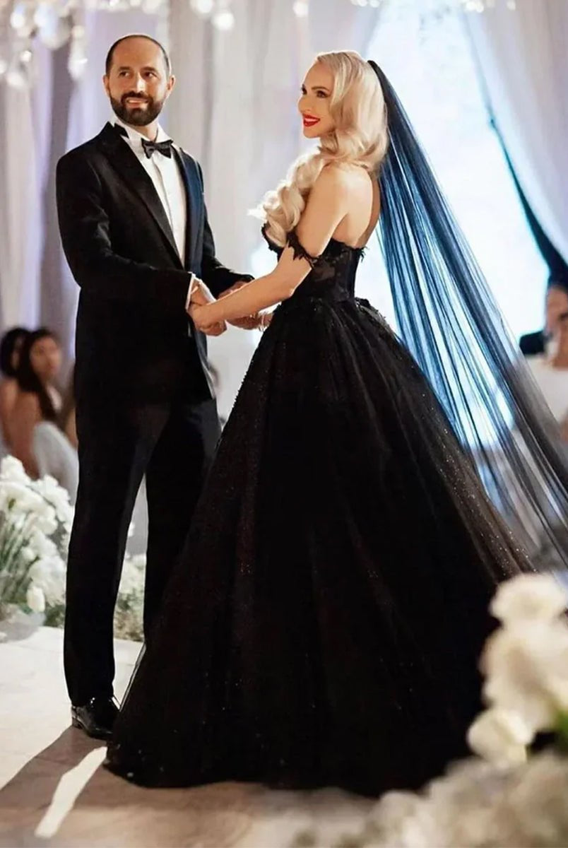 A - Line Black Gothic Wedding Dresses with Sequin Lace Appliques - KissProm