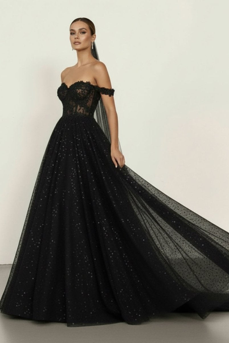 A - Line Black Gothic Wedding Dresses with Sequin Lace Appliques - KissProm