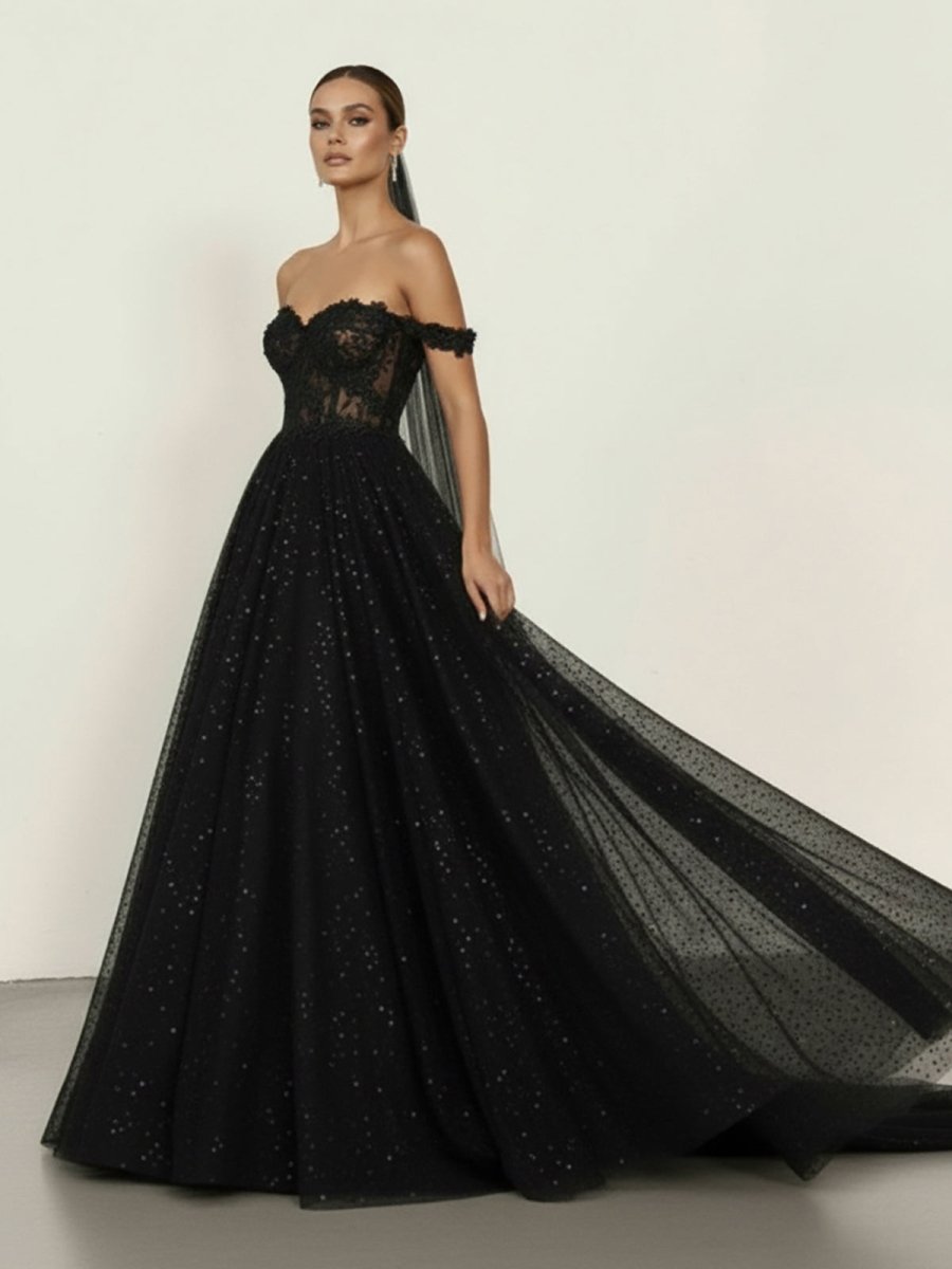 A - Line Black Gothic Wedding Dresses with Sequin Lace Appliques - KissProm
