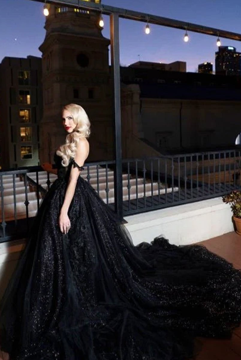 A - Line Black Gothic Wedding Dresses with Sequin Lace Appliques - KissProm