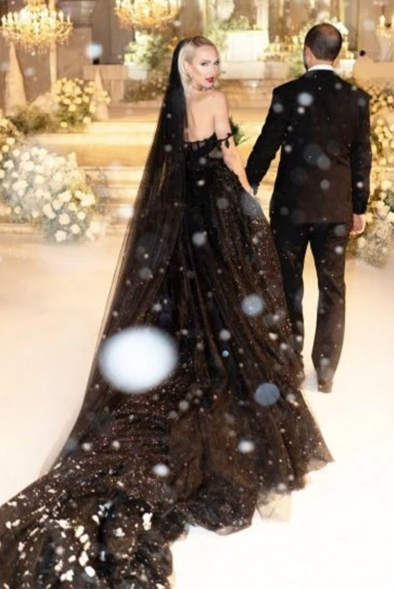 A - Line Black Gothic Wedding Dresses with Sequin Lace Appliques - KissProm