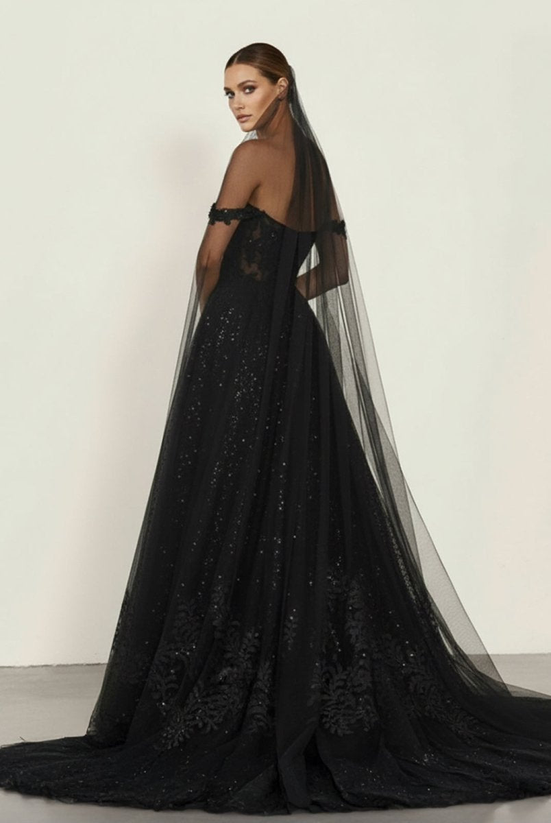 A - Line Black Gothic Wedding Dresses with Sequin Lace Appliques - KissProm