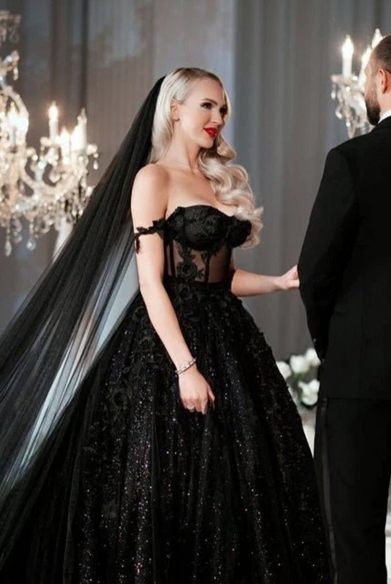 A - Line Black Gothic Wedding Dresses with Sequin Lace Appliques - KissProm