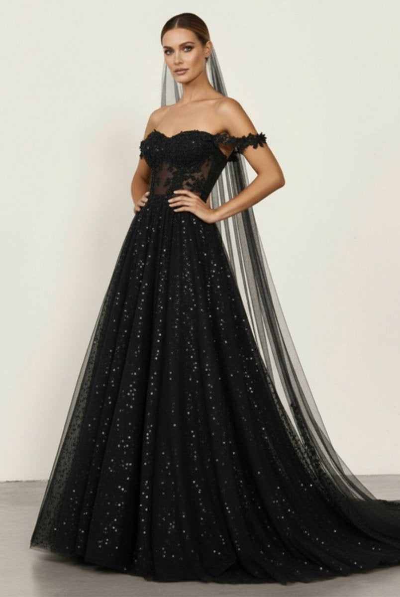 A - Line Black Gothic Wedding Dresses with Sequin Lace Appliques - KissProm