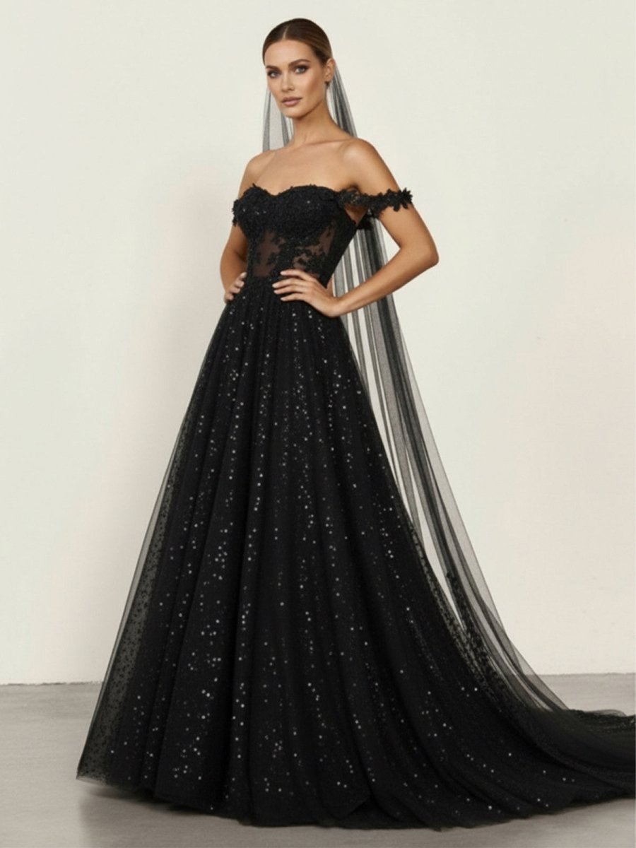 A - Line Black Gothic Wedding Dresses with Sequin Lace Appliques - KissProm