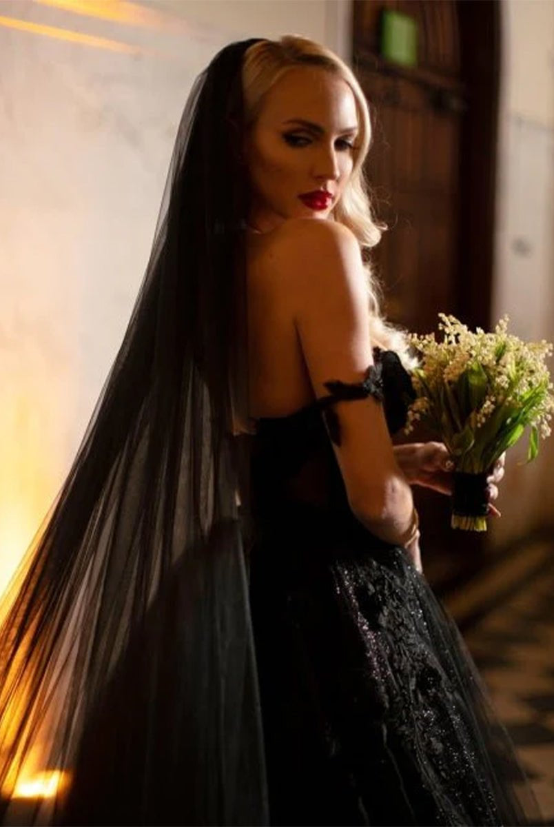 A - Line Black Gothic Wedding Dresses with Sequin Lace Appliques - KissProm