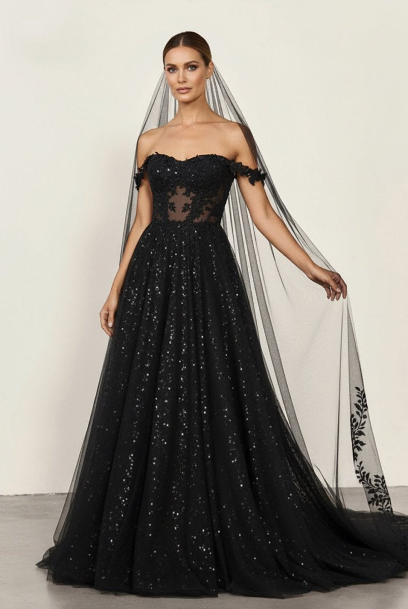A - Line Black Gothic Wedding Dresses with Sequin Lace Appliques - KissProm