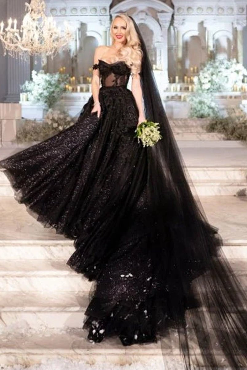 A - Line Black Gothic Wedding Dresses with Sequin Lace Appliques - KissProm