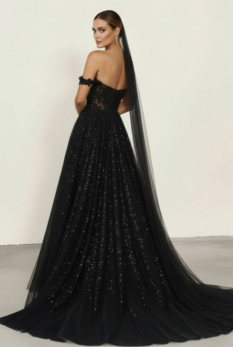 A - Line Black Gothic Wedding Dresses with Sequin Lace Appliques - KissProm