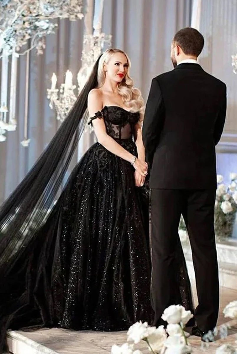 A - Line Black Gothic Wedding Dresses with Sequin Lace Appliques - KissProm