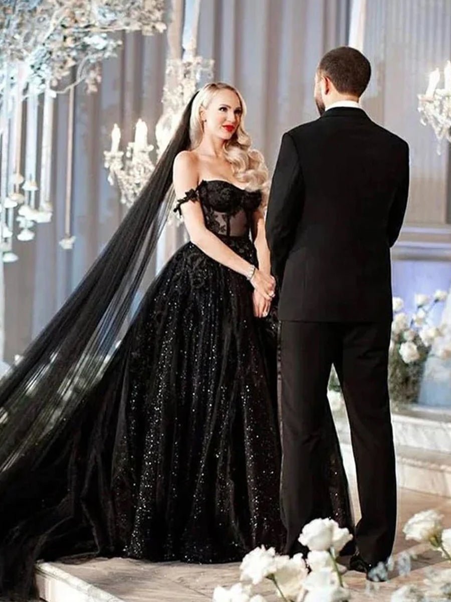 A - Line Black Gothic Wedding Dresses with Sequin Lace Appliques - KissProm