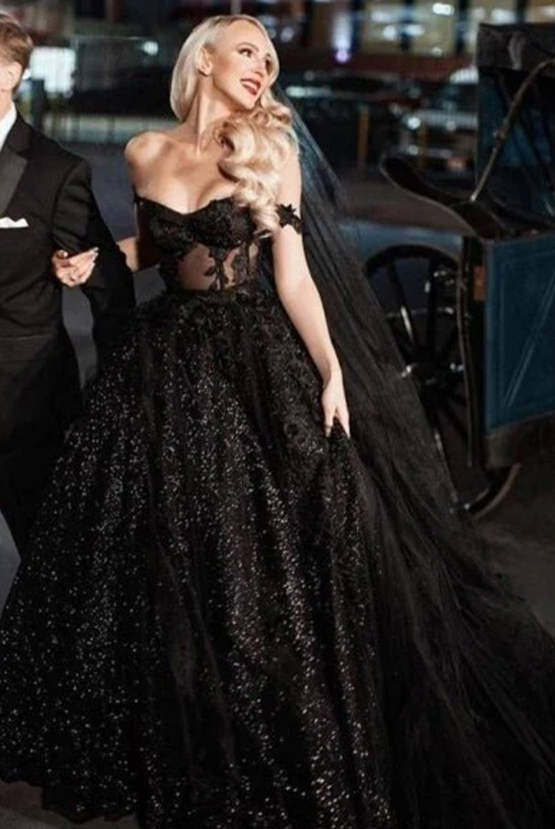 A - Line Black Gothic Wedding Dresses with Sequin Lace Appliques - KissProm