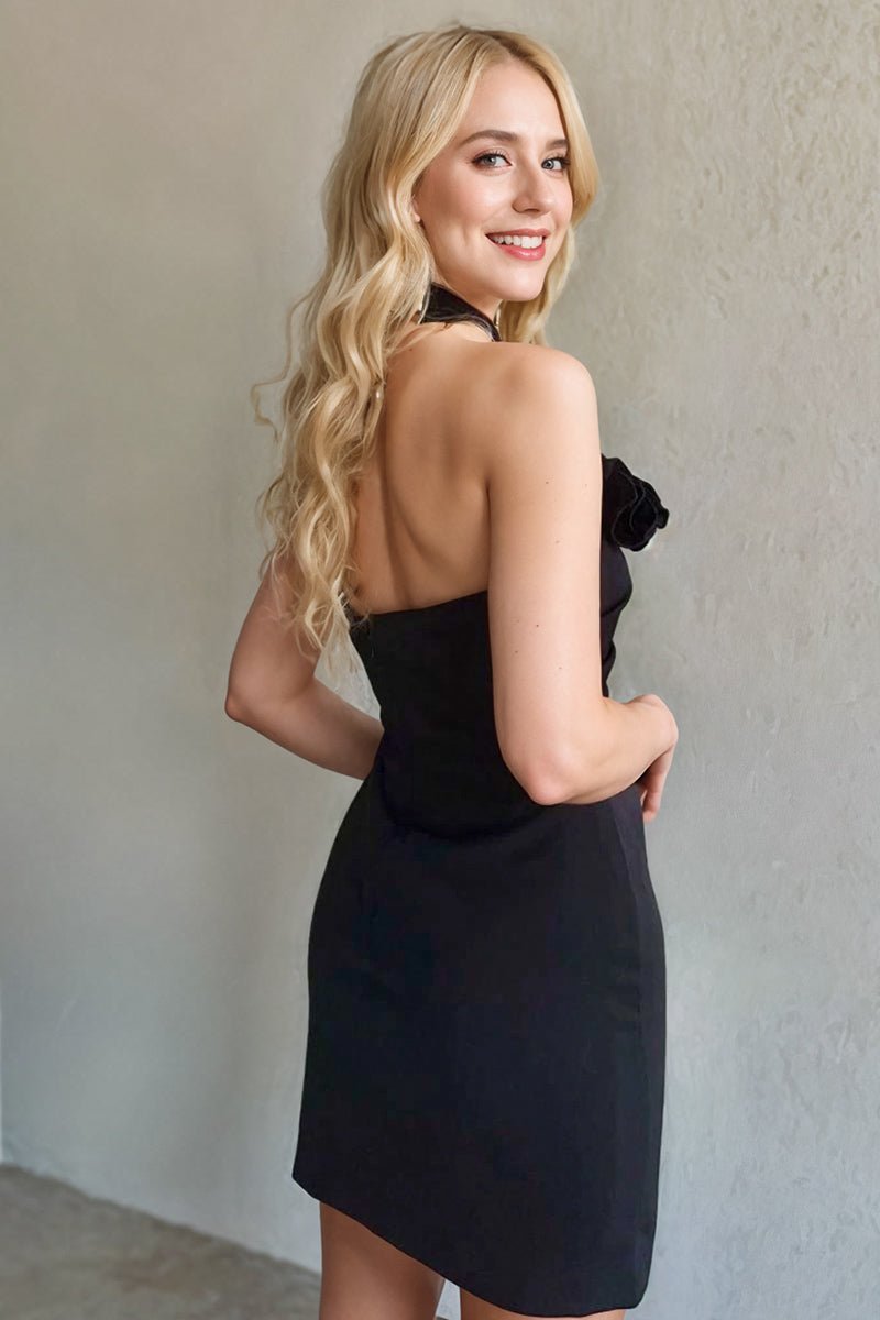 Zolla | Black Halter Rosette Fitted Mini Homecoming Dress - KissProm