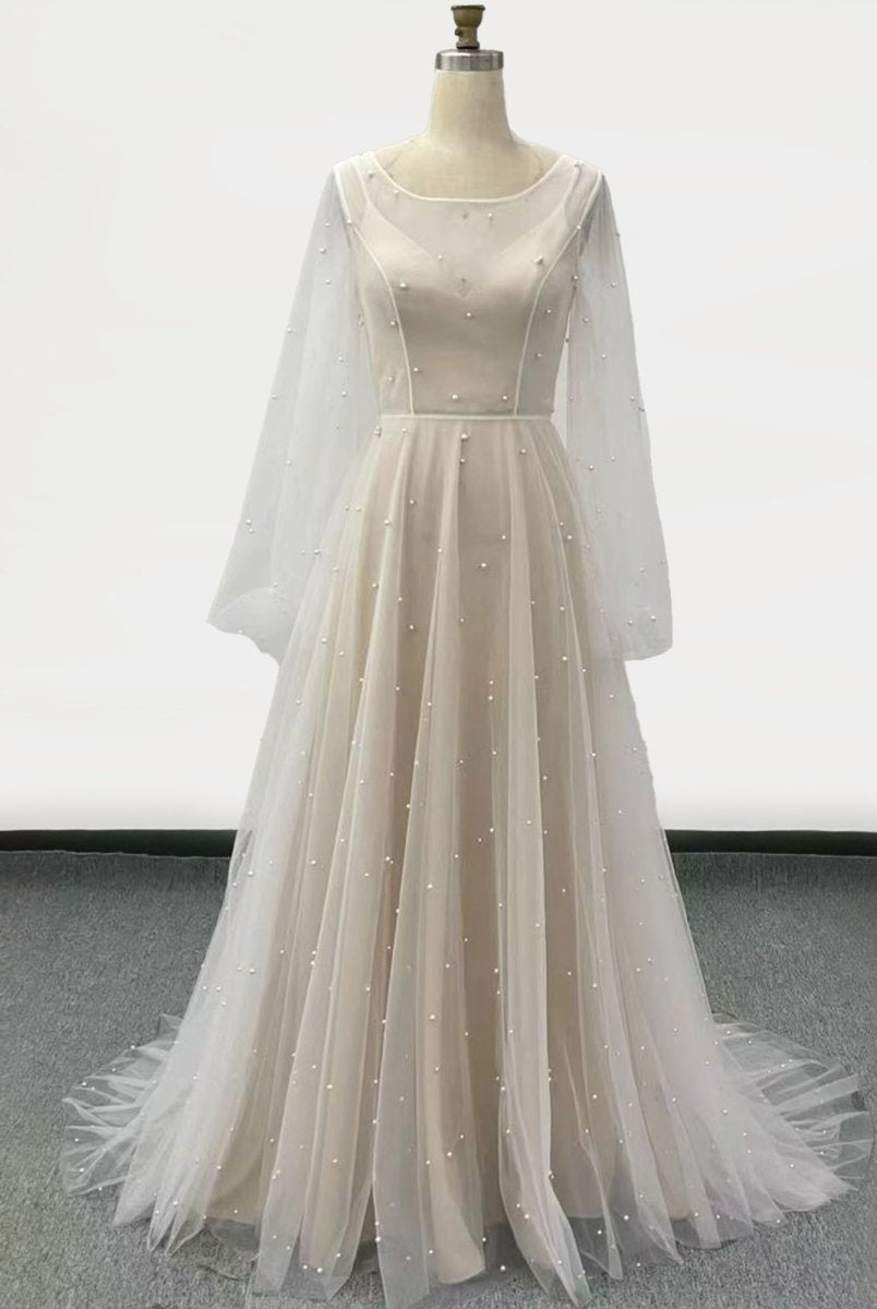 Franceska | Simple Modest A-Line Long Sleeve Tulle Elopement Illusion Wedding Dress with Pearl
