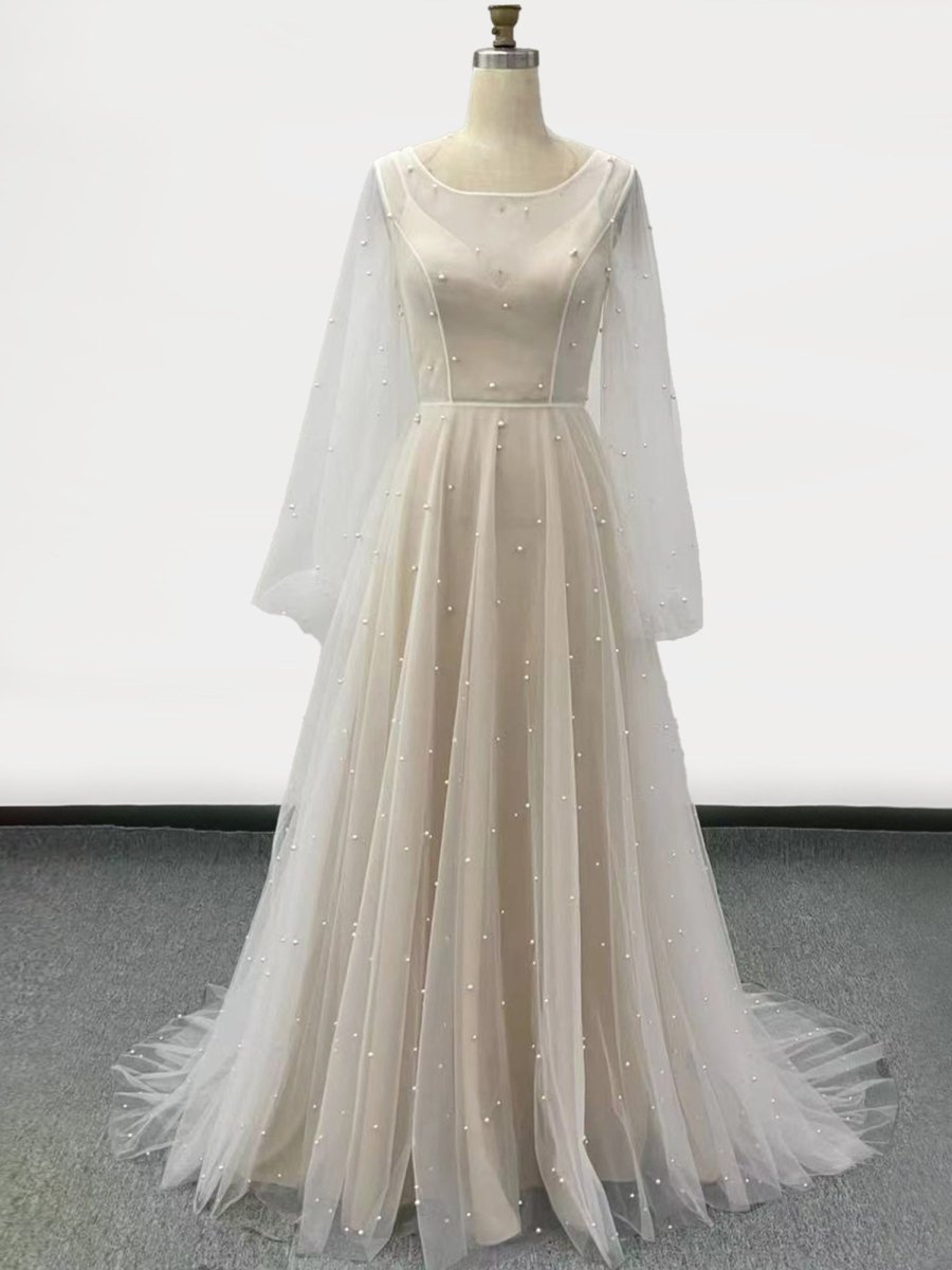 Franceska | Simple Modest A-Line Long Sleeve Tulle Elopement Illusion Wedding Dress with Pearl