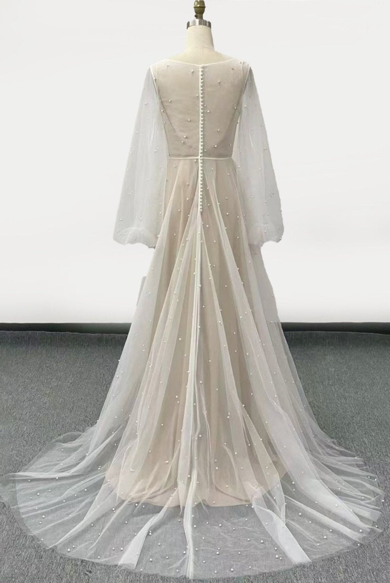 Franceska | Simple Modest A-Line Long Sleeve Tulle Elopement Illusion Wedding Dress with Pearl