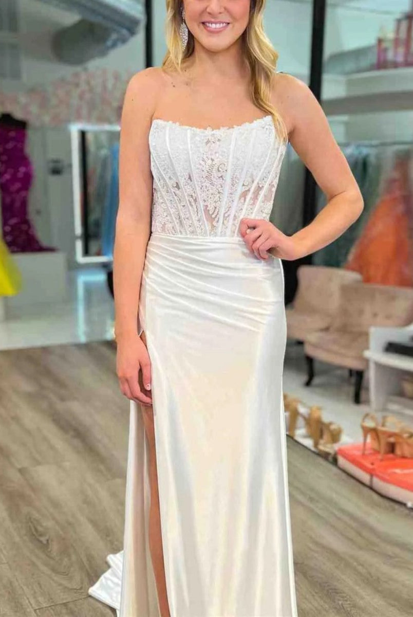 Arielle |Sheath Strapless Corset Satin Prom Dress with Slit