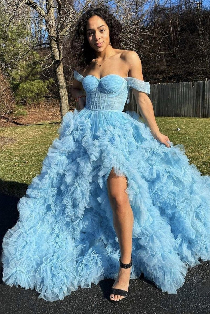 Kenia |A Line Off the Shoulder Ruffled Tulle Prom Dress with Slit