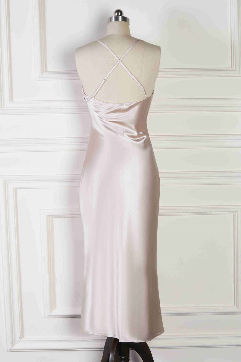 Spaghetti Straps Cowl Neck Tea - Length Champagne Sheath Bridesmaid Dress - KissProm