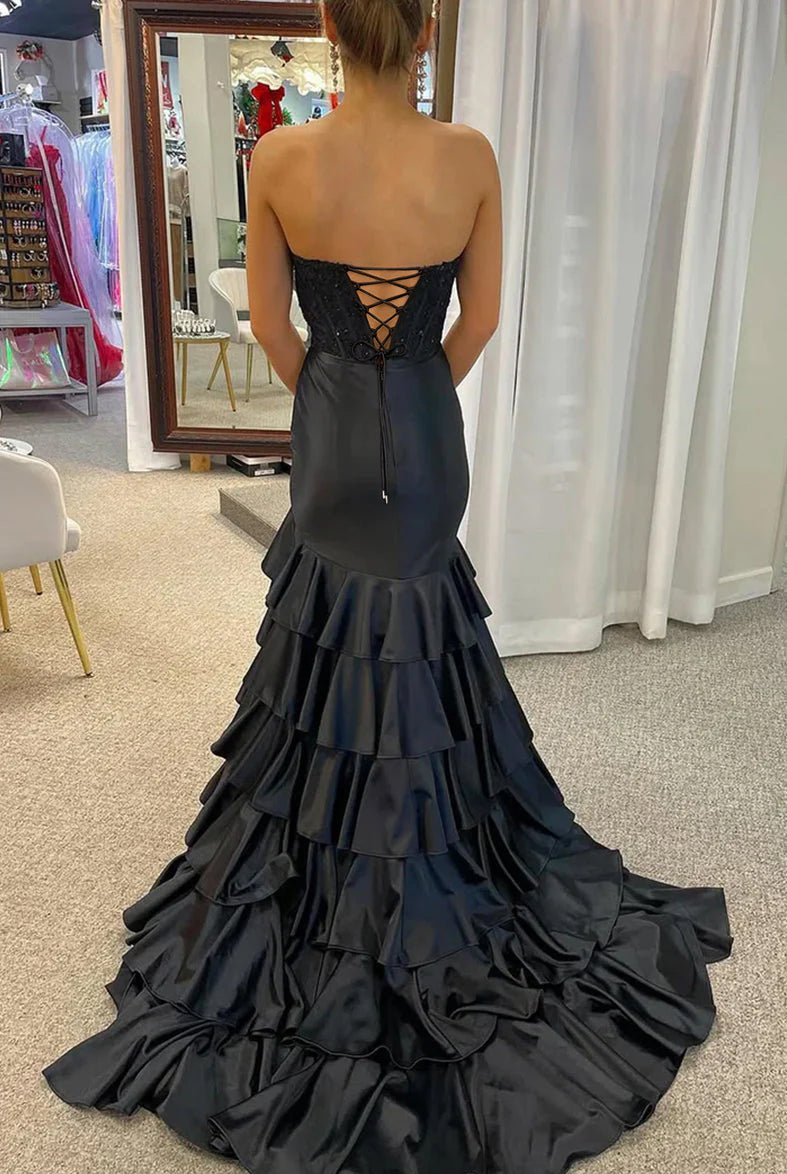 Yvonne | Charming Mermaid Strapless Pink Satin Long Prom Dresses with Appliques