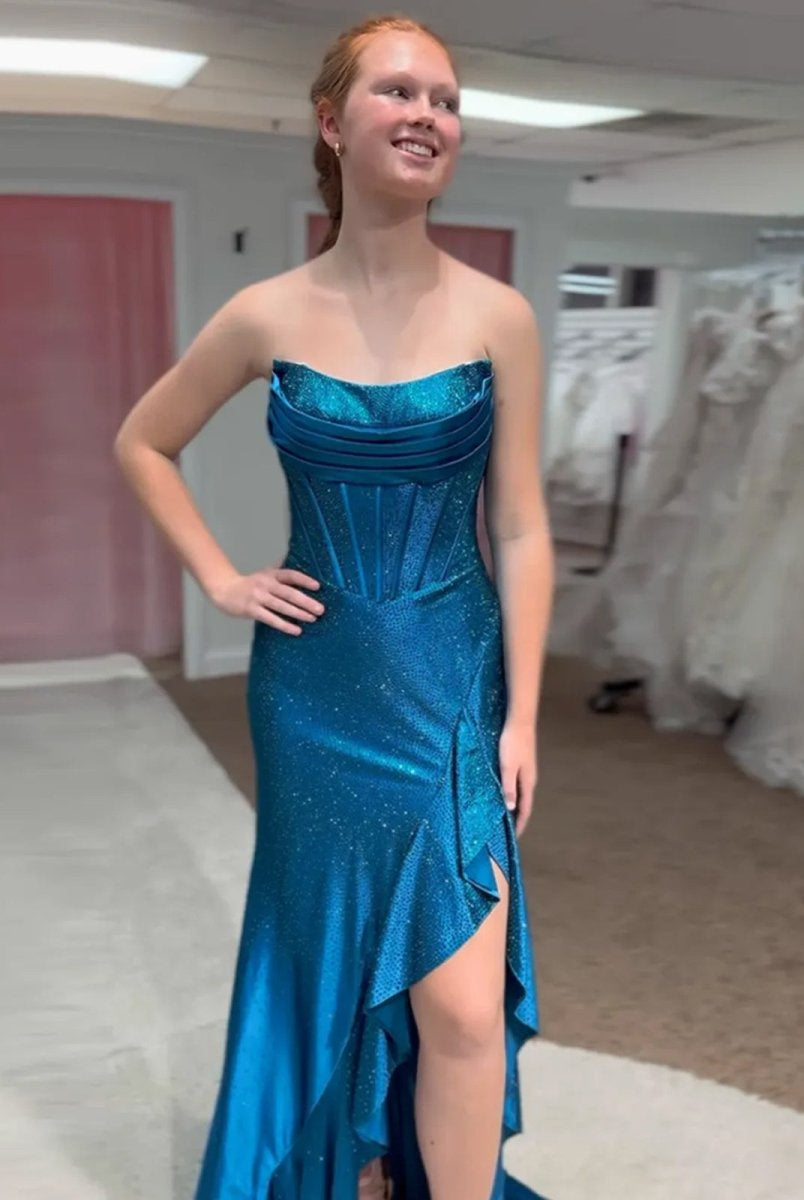 Miles | Mermaid Strapless Asymmetrical Beaded Long Prom Dress with Slit