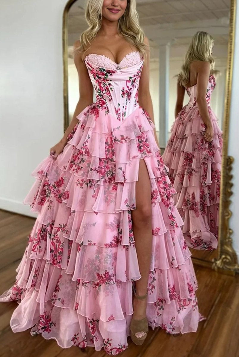 Haruko | A Line Floral Pink Tiered Chiffon Long Corset Prom Dress with Slit - KissProm