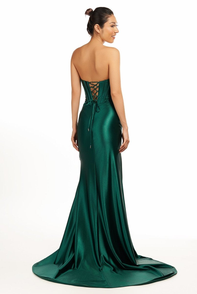 Serilda | Dark Green Strapless Sheath Satin Long Prom Dress With Split - KissProm