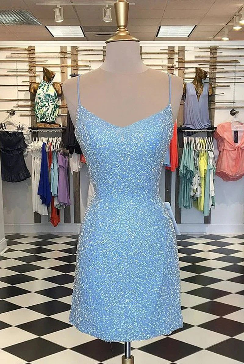 Bodycon Spaghetti Straps Pink Sequins Short Homecoming Dress with Criss Cross Back