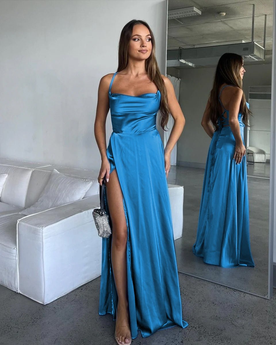 A Line Cowl Neck Blue Silk Satin Bridesmaid Dresses with Slit, Black / 16 A Line Cowl Neck Blue Silk Satin Bridesmaid Dresses with Slit, Black / 16