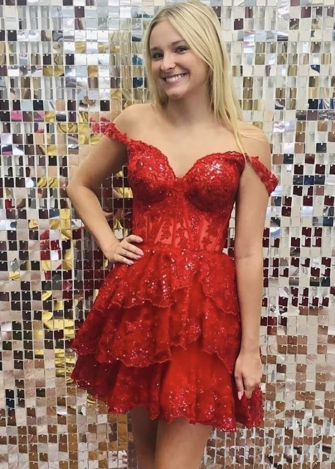 Everly | Red - A-Line Sweetheart Tiered Short Homecoming Dress