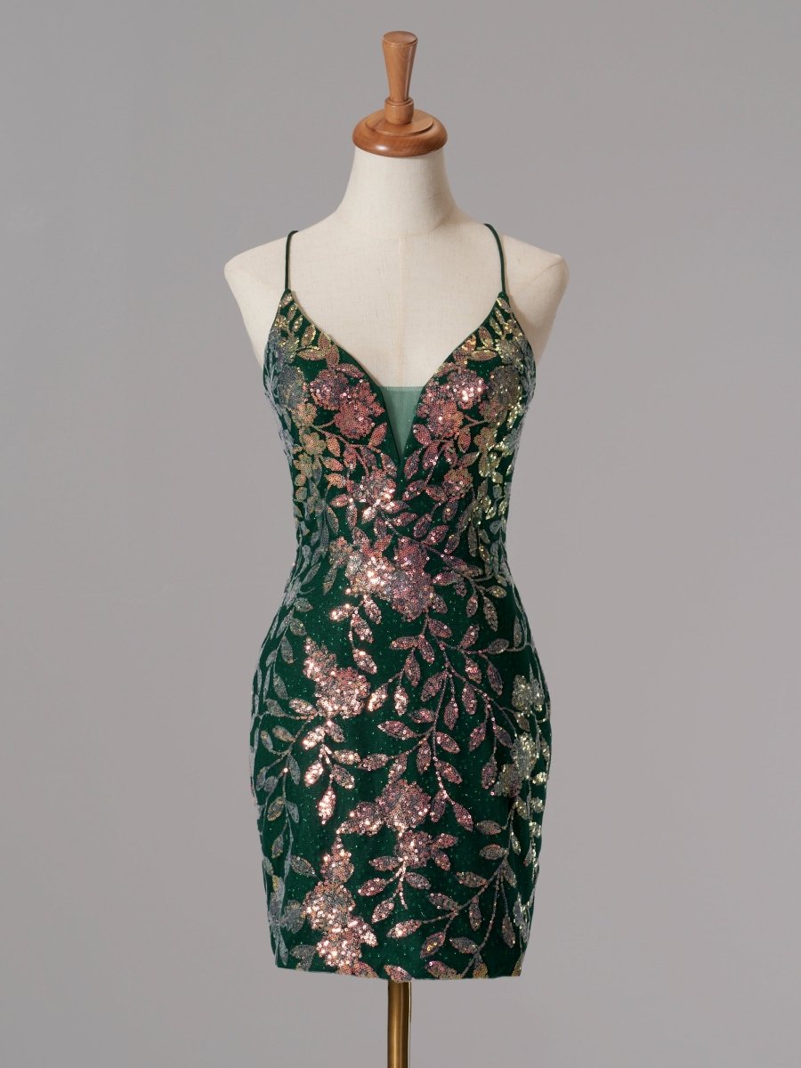 Kasiani | Green - Bodycon V Neck Sequined Homecoming Dresses