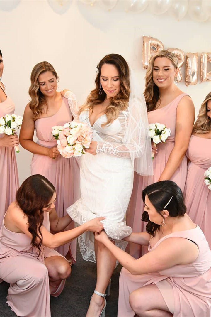 Pink One Shoulder Faux - Wrap Satin Long Bridesmaid Dress - KissProm