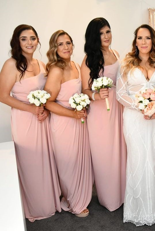 Pink One Shoulder Faux - Wrap Satin Long Bridesmaid Dress - KissProm