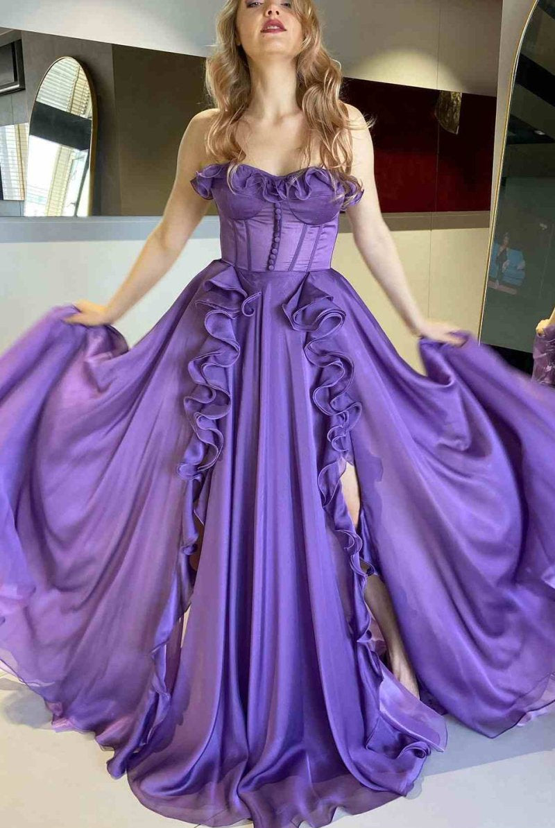 A Line Navy Blue Corset Ruffle Maxi Prom Dress - KissProm