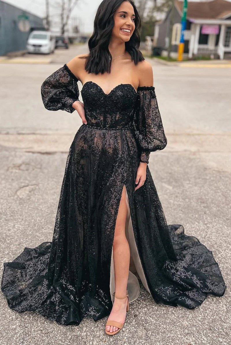 Trina | Cute A Line Sweetheart Black Sequins Long Prom Dresses - KissProm