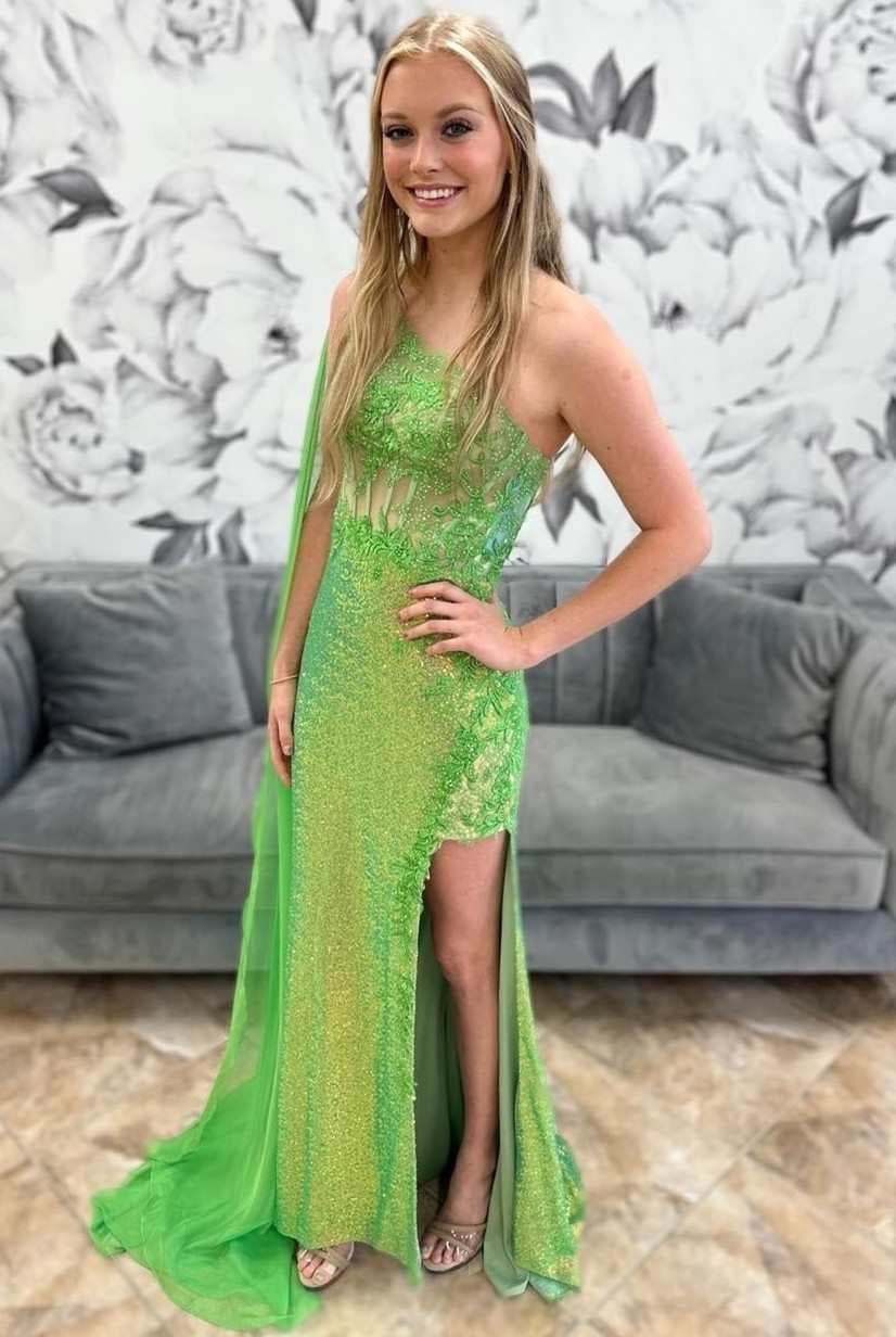 Green Sequin Lace One - Shoulder Long Formal Dress with Attached Train - KissProm