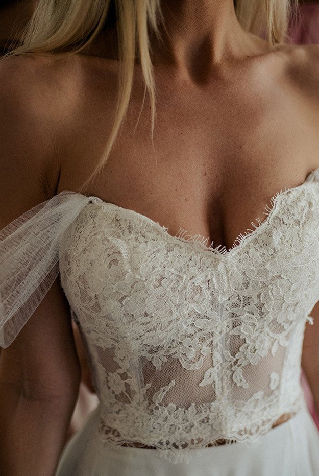 Orlanda | A-Line Lace White Lace-Up Off-the-Shoulder Wedding Dress with Slit