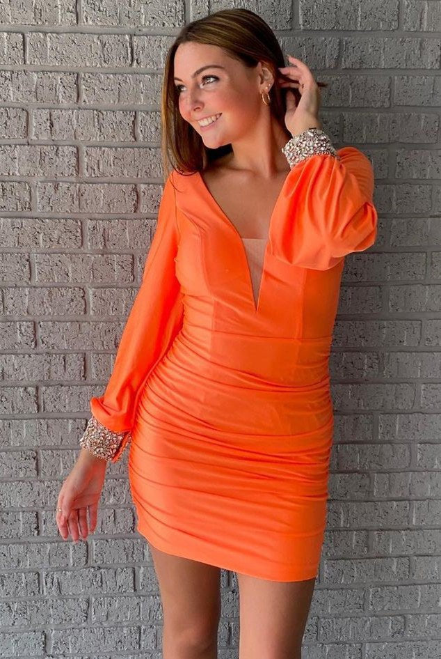 Letty | Elegant Long Sleeves Orange Short Homecoming Dress - KissProm